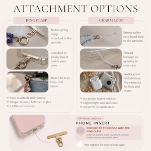 Pode incluir: Uma infografia intitulada ATTACHMENT OPTIONS mostra dois m&eacute;todos para al&ccedil;as de pulso: um fecho de anel de metal dourado com inser&ccedil;&atilde;o para telem&oacute;vel e um la&ccedil;o de nylon branco. Inclui fotos detalhadas de cada estilo, exemplos de uso com chaves, malas, c&acirc;maras e AirPods, e uma sec&ccedil;&atilde;o para a inser&ccedil;&atilde;o de telem&oacute;vel opcional.