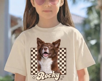 Camiseta infantil personalizada con foto de mascota + nombre, cara de perro, camiseta para niños pequeños y jóvenes, camiseta vintage pirata con retrato de perro personalizado, camiseta de gato personalizada, camiseta de los 90