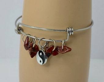Adjustable Stainless Steel Bangle with Red Jasper & Yin Yan Charm - dia 6.5cm