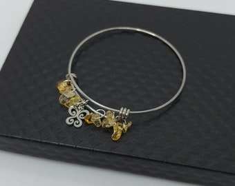 Adjustable Stainless Steel Bangle with Butterfly Charm & Citrines - dia 6.5cm