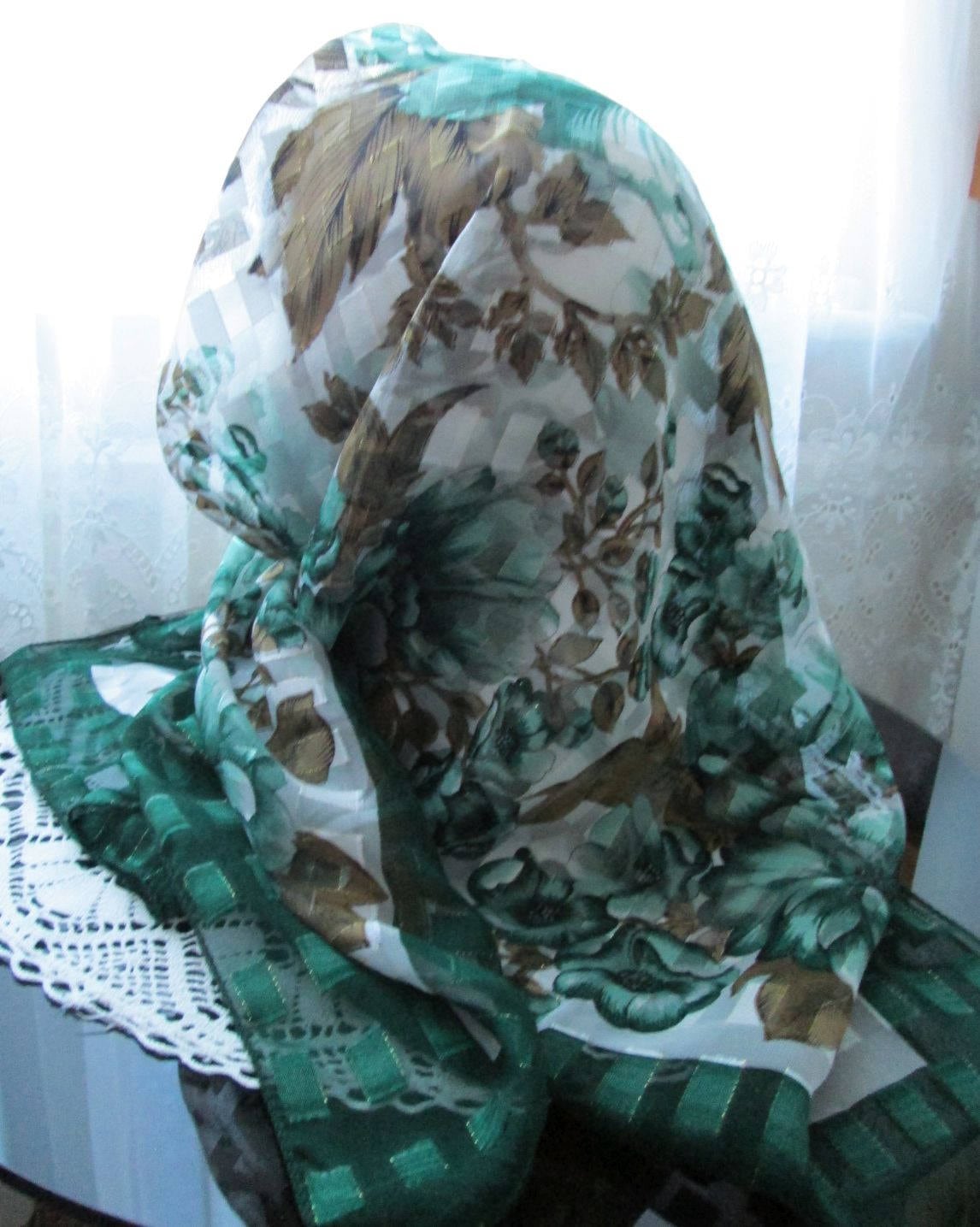 Floral Polyester Head Scarf Wrap Greens with Gold Thread | Etsy