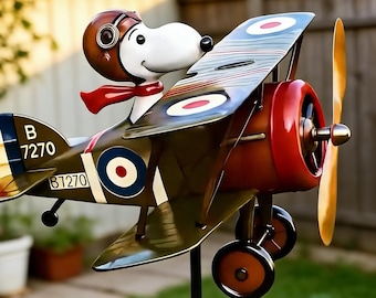Molinillo de viento metálico con forma de biplano de Snoopy, as de la aviación, decoración de jardín de Peanuts, arte aeronáutico.