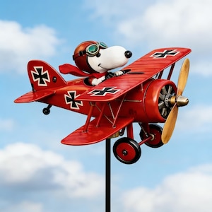 Snoopy Red Baron Biplane Metal Wind Spinner, Vintage WWI Aviation Garden Decor