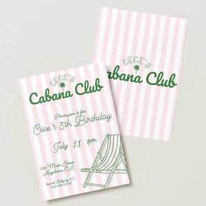 Może przedstawiać: Dwa zaproszenia w różowo-białe paski z zielonym tekstem "CECE'S Cabana Club". Na jednym zaproszeniu widnieje napis "Dołącz do nas na 5. urodziny Cece 11 lipca o 16:00" z ilustracją leżaka.