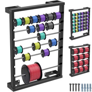 May include: A black metal thread spool organizer with multiple spools of colorful thread. The spools are in various colors, including green, yellow, blue, purple, and red. The organizer has multiple levels and includes mounting hardware.