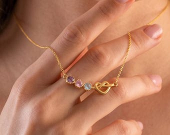 Dainty Sterling Silver Knotted Heart with Birthstone Necklace, Custom Family Multiple Birthstone, Heart Infinity Necklace, Mom Birthday Gift