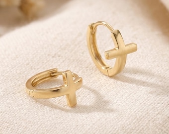 Gold Plated Tiny Cross Huggie Hoop, Gold Cross Earrings, Religious Earrings, Catholic Jewelry, Christian Gift, Baptism Gift, Gift for Her