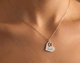 Anpassat tassnamnhalsband med hjärta, graverat tassavtryckshalsband i sterlingsilver, minneshalsband, minnesgåva till husdjur, presenter till hund, katt och mamma