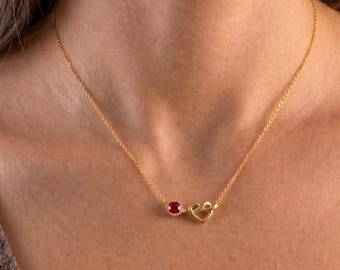 Personalized Sterling Silver Heart Necklace with Birthstone, Dainty Heart Knot Necklace, Custom Family Multiple Birthstone, Christmas Gift