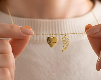 Memorial Heart Necklace with Custom Text, Personalized Angel Wing Heart Pendant, Memorial Name Charm, Sympathy Gift