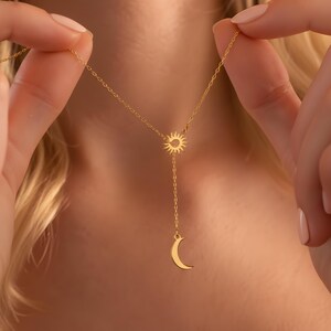 Gold Sun and Moon Necklace, Silver Celestial Necklace, Crescent Moon Pendant, Day and Night Lariat Necklace, Minimalist Boho Jewelry