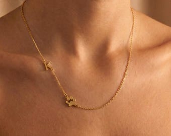 Halsband med guldfärgat hjärta och tass i sidled, personligt halsband med tassbokstäver, personligt halsband för hundtassar, minneshalsband för husdjur, present till hundkatt och mamma