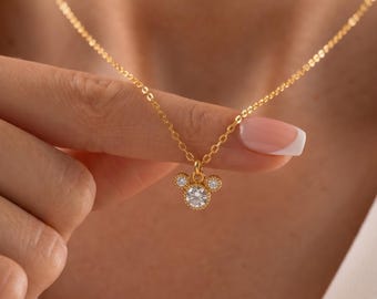 Tiny Mickey Mouse Pave Pendant Necklace, Dainty Minnie Mause Necklace, Mause Head Charm, Disneyland Necklace, Daughter Gift, Gift for Niece