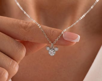 Tiny Mickey Mouse Pave Pendant Necklace, Dainty Minnie Mause Necklace, Mause Head Charm, Disneyland Necklace, Daughter Gift, Gift for Niece
