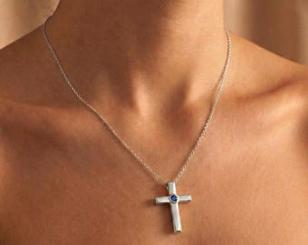 Elegant korshalsband med födelsesten, kristen troshänge, personligt religiöst halsband, dopsmycken, presenter till mamma, julklapp till henne