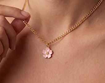 Gold Plated Enemal Sakura Flower Necklace, Dainty Cherry Blossom Pendant Necklace, Japanese Jewelry, Birthday Gift for Her, Bridesmaid Gift