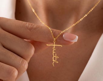 Elegant troshalsband, silver vertikalt korshalsband, kristen troshänge, religiöst halsband, dopsmycken, julklapp