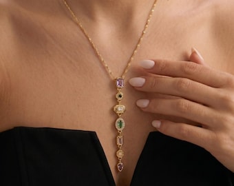 Seven Chakra Pave Pendant Necklace, Dainty Gold Lariat Necklace, Y Shape Necklace, Neckline Necklace, Spiritual Jewelry, Boho Gift for Her
