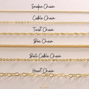 May include: A selection of gold-colored chain necklaces, each with a unique design. The image displays a Snake Chain, Cable Chain, Twist Chain, Box Chain, Ball Cable Chain, and Heart Chain. The brand name "ELIONA" is at the bottom.