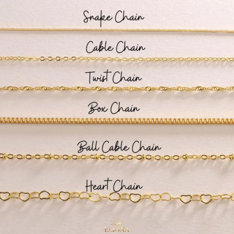May include: A selection of gold-colored chain necklaces, each with a unique design. The image displays a Snake Chain, Cable Chain, Twist Chain, Box Chain, Ball Cable Chain, and Heart Chain. The brand name "ELIONA" is at the bottom.