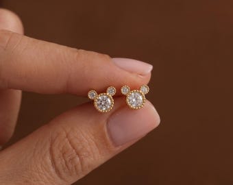 Mickey Mouse Pave Stud Earrings, Tiny Disneyland Earrings, Dainty Simple Everyday Earrings, Tiny Inspired Mouse Earrings, Cute Gift for Her