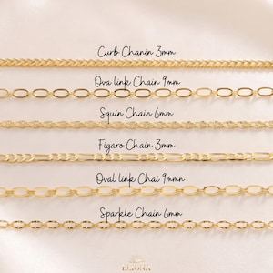 May include: A selection of gold-colored chain necklaces, each with a unique design. The image displays six different styles, including curb, oval link, squin, figaro, and sparkle chains. The text indicates the chain widths in millimeters.