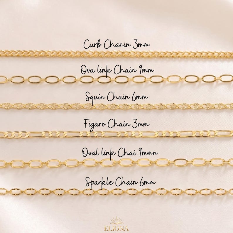 May include: A selection of gold-colored chain necklaces, each with a unique design. The image displays six different styles, including curb, oval link, squin, figaro, and sparkle chains. The text indicates the chain widths in millimeters.