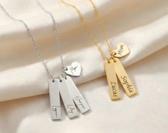 Herz und Bar Halskette, Benutzerdefinierte Bar Halskette, Familie Bar Halskette eingraviert, Datum gravierte Halskette, zierliches Geschenk für Mama