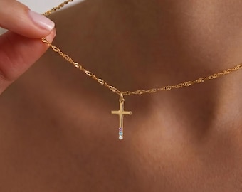 Personalisierte Birthstone Zierliche Kreuz Anhänger Halskette, Familie Birthstone Halskette, Religiöse Halskette, Weihnachtsgeschenk, Christliches Geschenk für Sie
