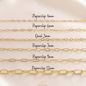 May include: A selection of gold-colored chain necklaces, including paperclip and oval styles, with varying link sizes from 3mm to 12mm. The text labels each chain's style and size. The chains are displayed against a soft, neutral background.
