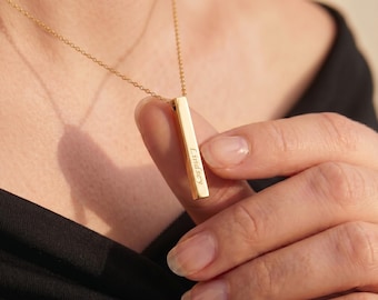 Anpassat 3D vertikalt stavshalsband, Sterlingsilverpetalhalsband med namn, Personligt 4-sidigt stavshalsband, Graverad namnstångsberlock