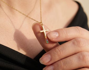 Elegant guldkorshalsband med födelsesten, kristen troshänge, religiöst halsband, dopsmycken, presenter till mamma, julklapp till henne