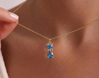Dainty Cat Birthstone Necklace, Personalized 925 Sterling Silver Bow-tied Kitty Pendant, Animal Jewelry, Birthday Month Cats, Cat Mom Gifts