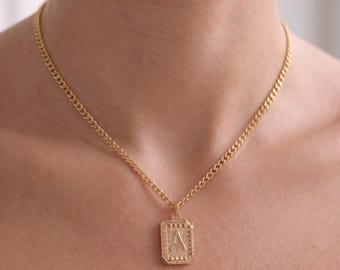 Elegant rektangulärt initialhalsband, guldfärgat bokstavshänge, dagligt initialhalsband, personliga smycken, julklapp, brudtärnepresent