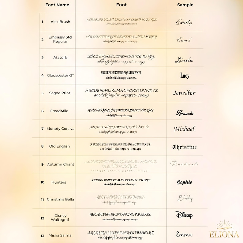 May include: A chart showcasing various font styles, including Alex Brush, Embassy Std Regular, and Atat&uuml;rk. Each font is displayed with its name, a sample alphabet, and a sample word. The samples include names like Emily, Carol, and Linda. The Eliona logo is in the bottom right.