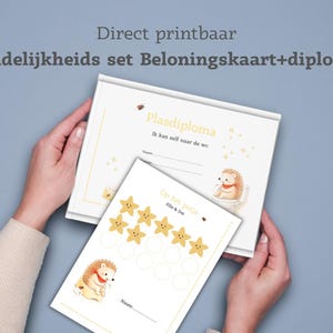 以下が含まれることがあります： 印刷可能な報酬チャートと卒業証書のセット。 上のページには、漫画のハリネズミのイラストとともに「Plasdiploma」と書かれています。 下のページには星のグラフィックと「Op het potje」というテキストがあります。 背景は水色です。