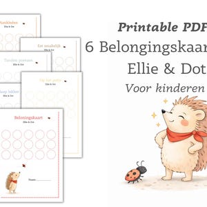Può includere: Grafici di ricompensa PDF stampabili per bambini, con un'illustrazione di un riccio sorridente e una coccinella. I grafici includono spazi per tenere traccia di compiti come vestirsi e lavarsi i denti. Il testo recita "Ellie & Dot" e "Per bambini".