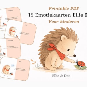 May include: Printable PDF emotion cards for children featuring illustrations of a hedgehog and ladybug. The cards have text in Dutch, with the words "Verlegen", "Verdrietig", "Moe", and "Trot". The image also includes the text "Ellie & Dot".