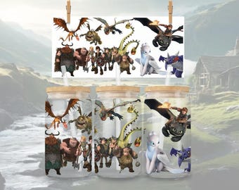 Diseño para vaso de vidrio de 473 ml (16 oz) de Dragon Rider Adventure – Furia Nocturna y sus amigos (descarga PNG)