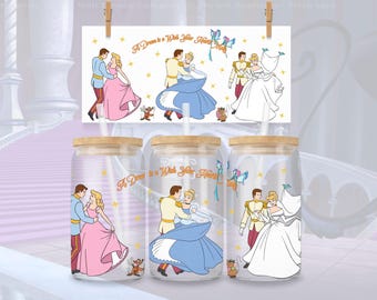 Envoltorio de vidrio de 16 oz para el Baile Real – Cenicienta, Príncipe Encantador y Carroza de Calabaza (Descarga PNG)