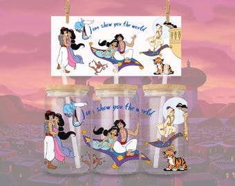 Aladdin and Jasmine I Can Show You the World 16oz Glass Tumbler Cup Wrap (PNG Download)