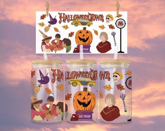 Magical Halloween Town 16oz Libbey Glass Can Wrap - Y2K Spooky Movie (PNG Download)