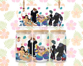 Island Life 16oz Libbey Can Glass Wrap - Lilo and Stitch Group (PNG Download)