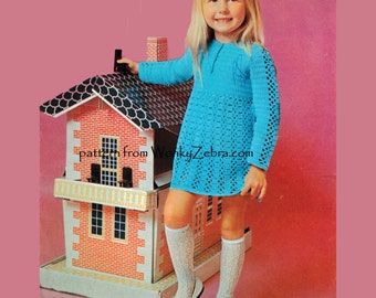 Girls Vintage Crochet long sleeved dress Pattern PDF B120 from WonkyZebra