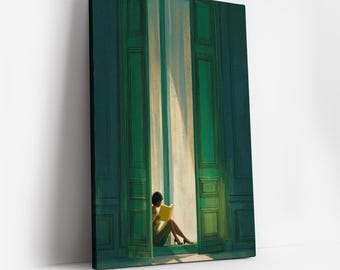 Szmaragdowozielona kobieta czytająca – zielona grafika ścienna, biblioteka, prezenty dla miłośników książek, minimalistyczny wystrój, dekoracja dopaminowa, dekoracja ścienna do sypialni w kąciku czytelniczym