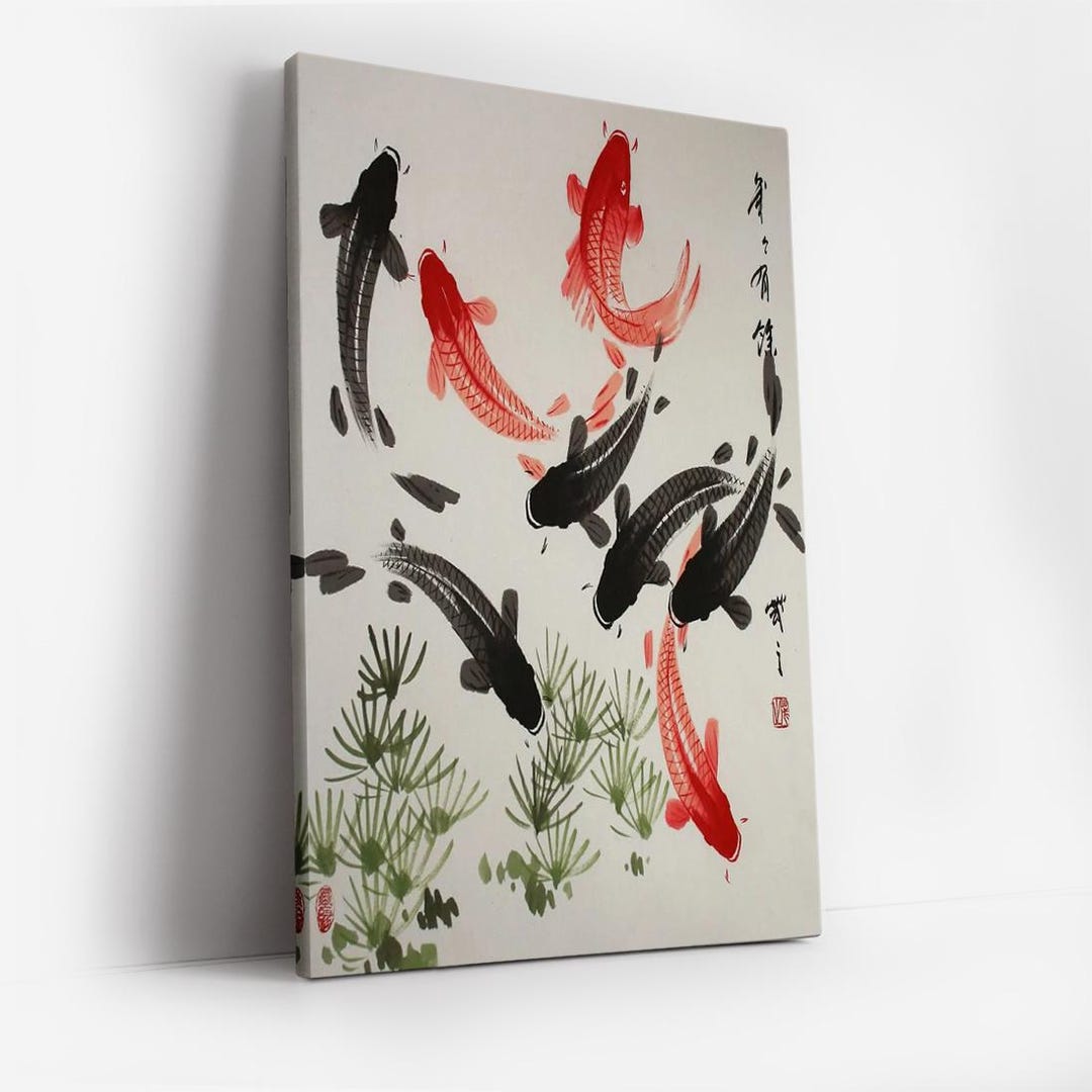 Vintage Japanese Koi Fish Art Print Pink Cherry Blossoms Painting ...