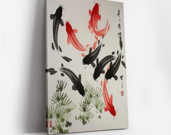 Sztuka japońskiego karpia Koi w stylu vintage, różowe kwiaty wiśni, kwiatowy plakat, orientalna tradycyjna dekoracja ścienna z Japonii