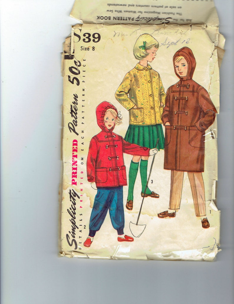 vintage simplicity s39 boys and girls duffel coat in two lengths with attached hood 1960s size 8