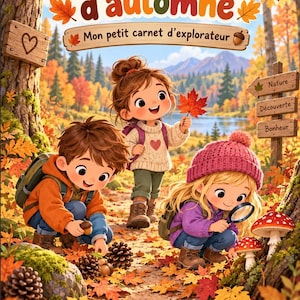 Op de afbeelding: Een kinderactiviteitenboek met de titel Ma promenade d'automne Mon petit carnet d'explorateur, met drie getekende kinderen in een herfstbos vol herfstbladeren, dennenappels, paddenstoelen en houten bordjes met de teksten Nature, Découverte, Bonheur.