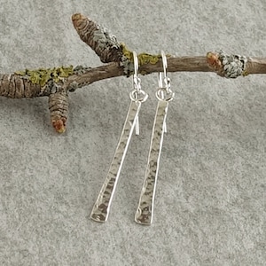 May include: A pair of silver dangle earrings with a hammered texture. The earrings are hanging from a branch.